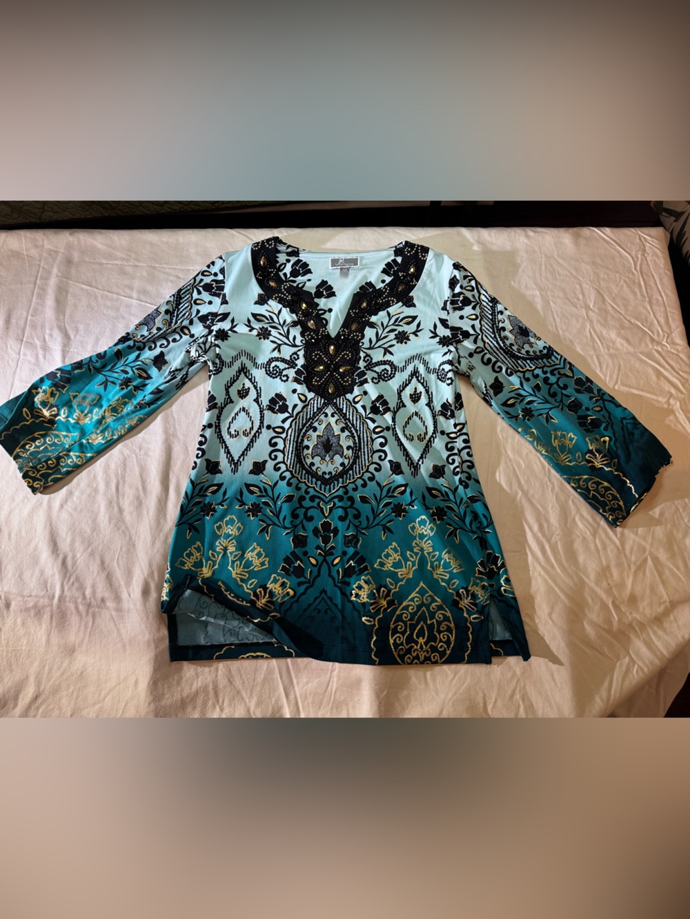 JM Collection Mint and Black Floral Blouse